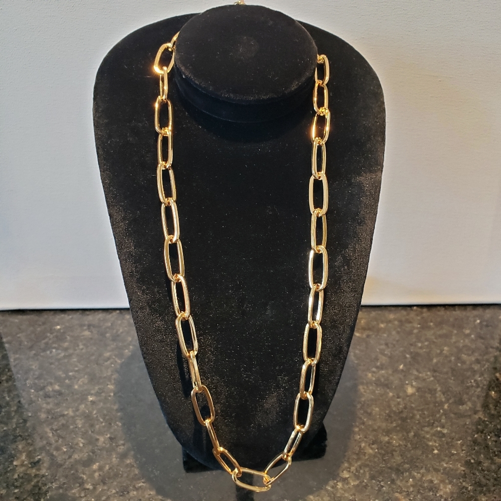 Paper clip gold plate chain necklace.